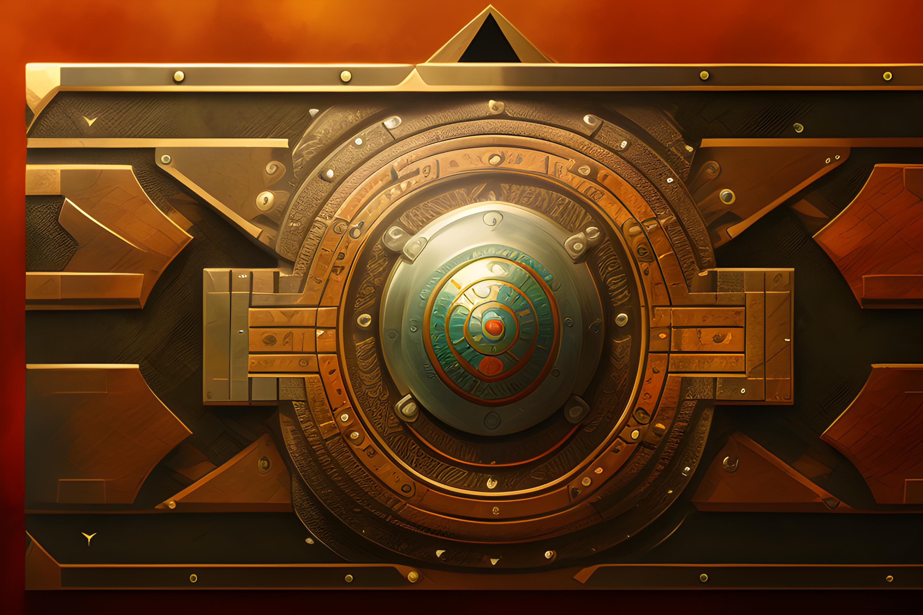 create a desktop Wallpaper dark design with a Masai shield Sticker 2560 x 1440 and a wooden background